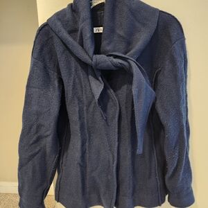 ZARA Navy Tie-Front Teddy Jacket